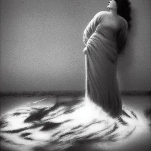 Image similar to cgi, monumental manga by chris van allsburg, by jennifer rubell. a art installation of a woman standing in a field of ashes, her dress billowing in the wind. her hair is wild & her eyes are closed, in a trance - like state. dark & atmospheric, ashes seem to be alive, swirling around.