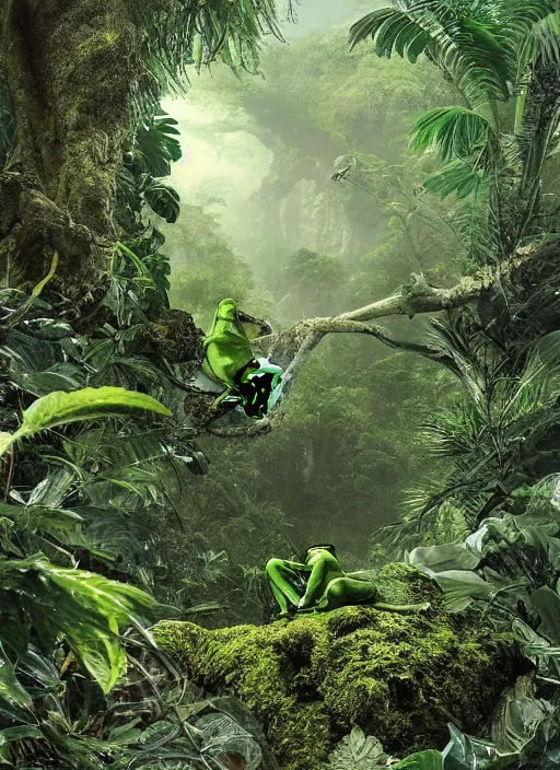 Image similar to a beautiful matte painting of a green frog in the jungle, kambo