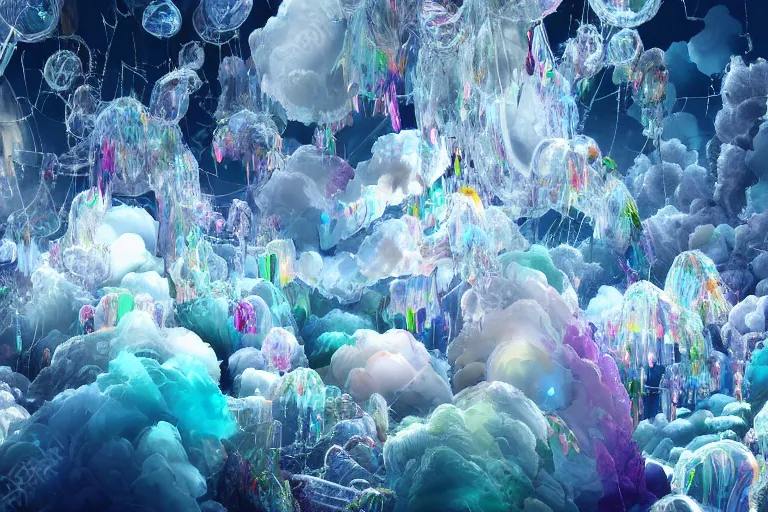 Image similar to simplicity, a huge flock of many ornate translucent puffy filigreed clouds tangled into large whirling ultra detailed clumps of crystal specimens, abstract environment, playful, award winning art, epic dreamlike fantasy landscape, ultra realistic,