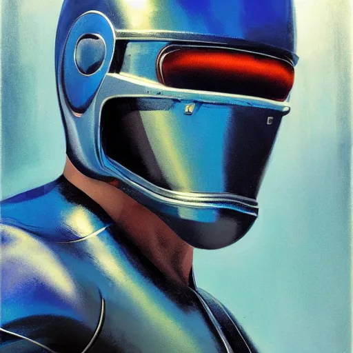 Prompt: sylvester stallone in blue metal cyber suit, tech noir, wet reflections, prism, atmospheric, ambient, pj crook, syd mead, livia prima, greg rutkowski, edward hopper