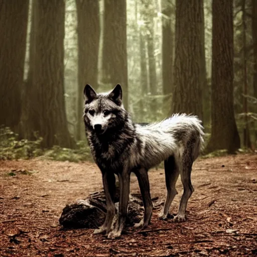 Image similar to werecreature consisting of human and wolf, photograph of dark forest