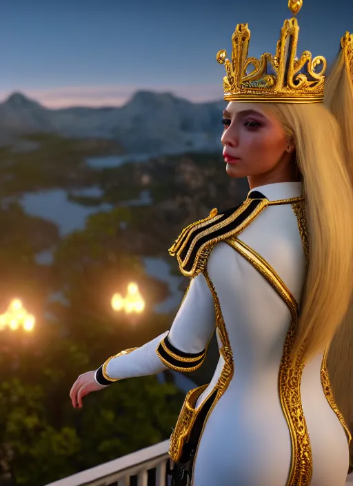 Image similar to a photo of 8 k ultra realistic humanoid princess with long blonde hair, standing next to a beautiful view, ornate white officers outfit with gold embellishments, cinematic lighting, trending on artstation, 4 k, hyperrealistic, focused, extreme details, unreal engine 5, cinematic, masterpiece