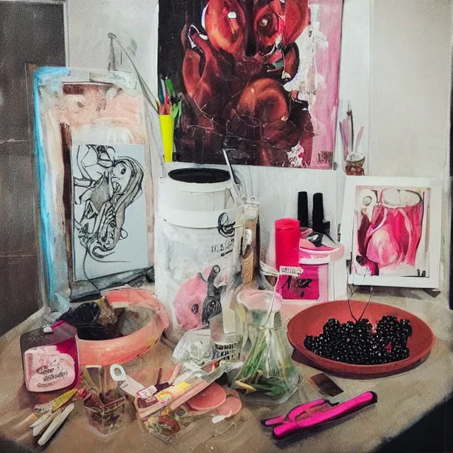 Image similar to “ a portrait in a female art student ’ s apartment, sensual, a pig theme, pork cuts, art supplies, edo, surgical iv bag, octopus, ikebana, herbs, a candle dripping white wax, squashed berries, berry juice drips, acrylic and spray paint and oilstick on canvas, surrealism, neoexpressionism ”