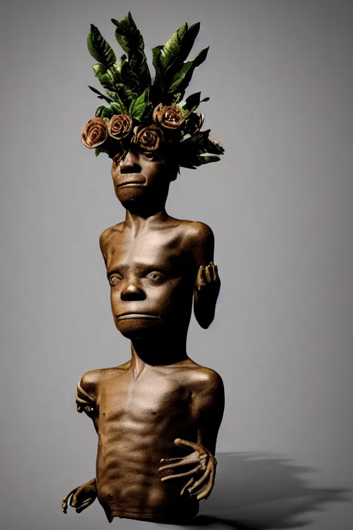Image similar to a full-body bronze statue of Jean-Michel Basquiat sitting and thinking, wearing a rococo crown of peach roses, 3d octane render