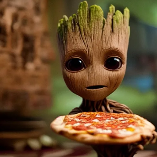 Prompt: Baby Groot eating a pizza