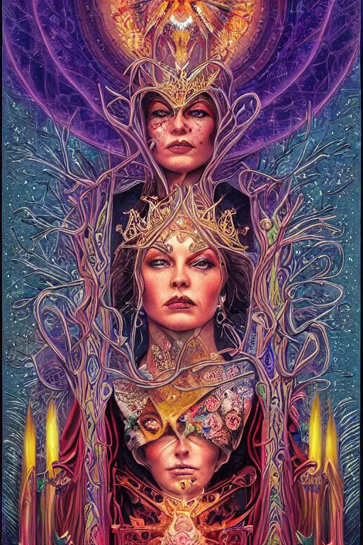 Image similar to beautiful tarot card of the queen of dreams by carol bak and dan mumford and alex grey, oil on canvas, intricate border, symmetrical, portrait, 8k highly professionally detailed, HDR, CGsociety