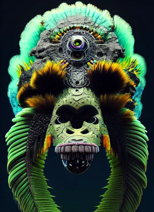 Image similar to 3 d ape shaman profile portrait, sigma 5 0 0 mm f / 5. beautiful intricate highly detailed quetzalcoatl skull and feathers. bioluminescent, plasma, lava, ice, water, wind, creature, thunderstorm! artwork by tooth wu and wlop and beeple and greg rutkowski, 8 k trending on artstation,