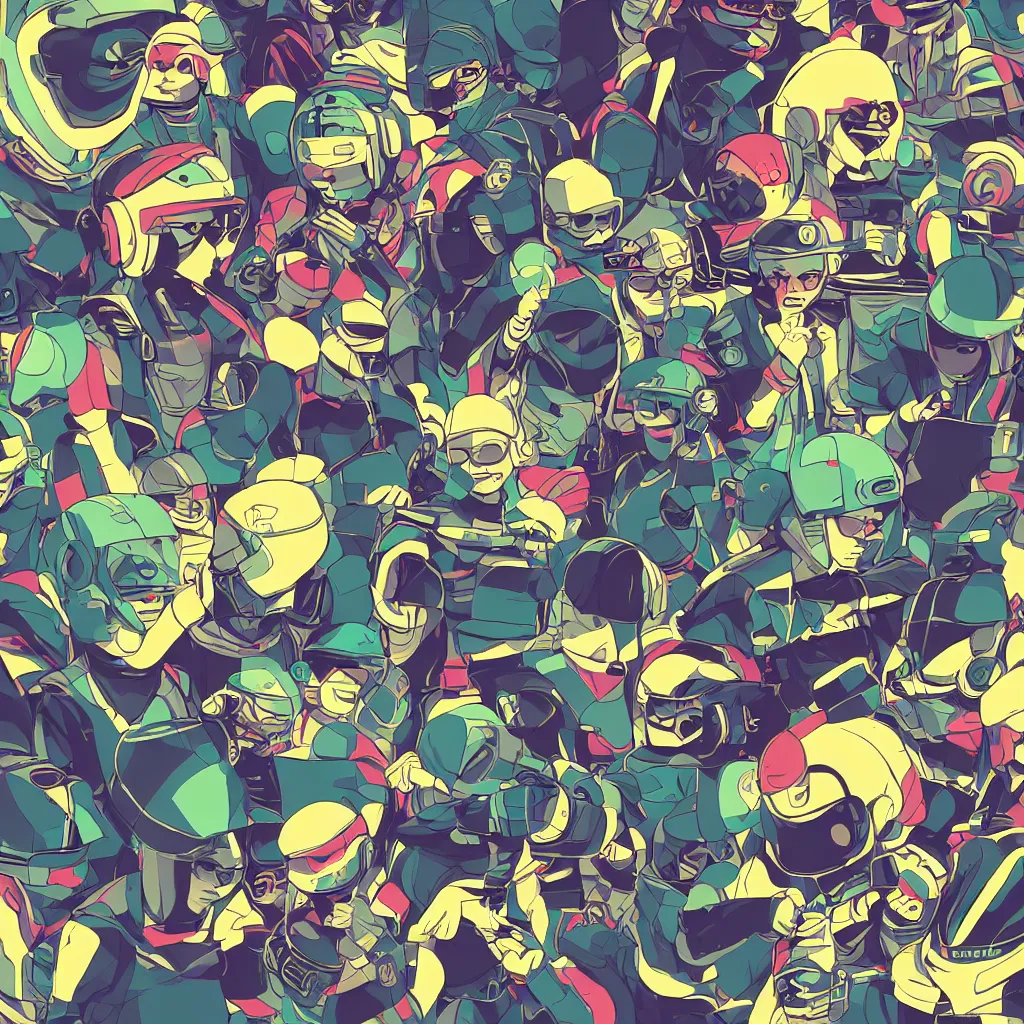 Image similar to people wearing helmets, ryuta ueda artwork, jet set radio artwork, stripes, gloom, space, cel - shaded art style, broken rainbow, data, minimal, speakers, code, cybernetic, dark, eerie, cyber