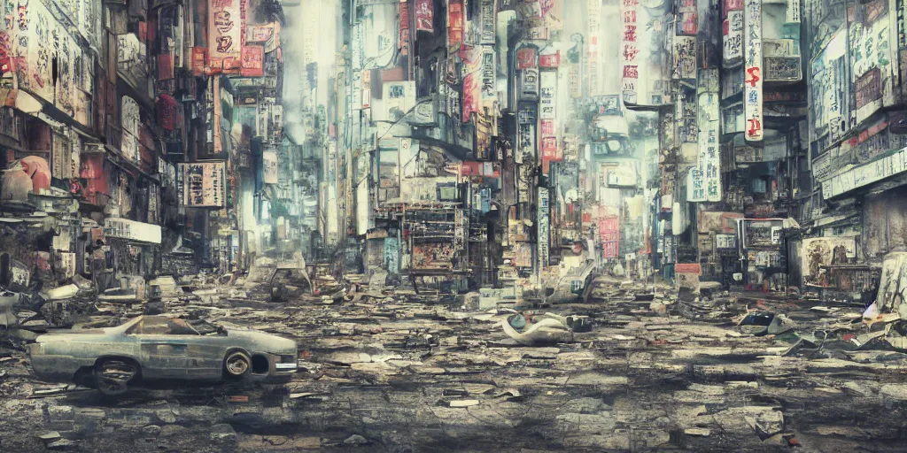 Prompt: broken robot lying deserted shinjuku junk town, watercolor, ghost in the shell, soft bloom lighting, paper texture, bright sun bleached ground, vending machine, koji morimoto, katsuya terada, black smoke, pale, beige sky pencil marks, hd, 4k, remaster, dynamic camera angle, fish eye, dynamic scene