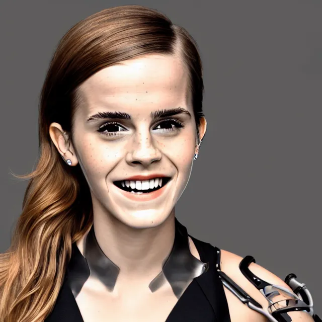 Prompt: Joyful!!! smiling Emma Watson wearing cyborg prosthetic. From Her (2013). Clear Hands. Clear body. Light Clothes. Hogwarts as Background. Cinematic. Professional Photo. UHD. 8k. Clear Face.