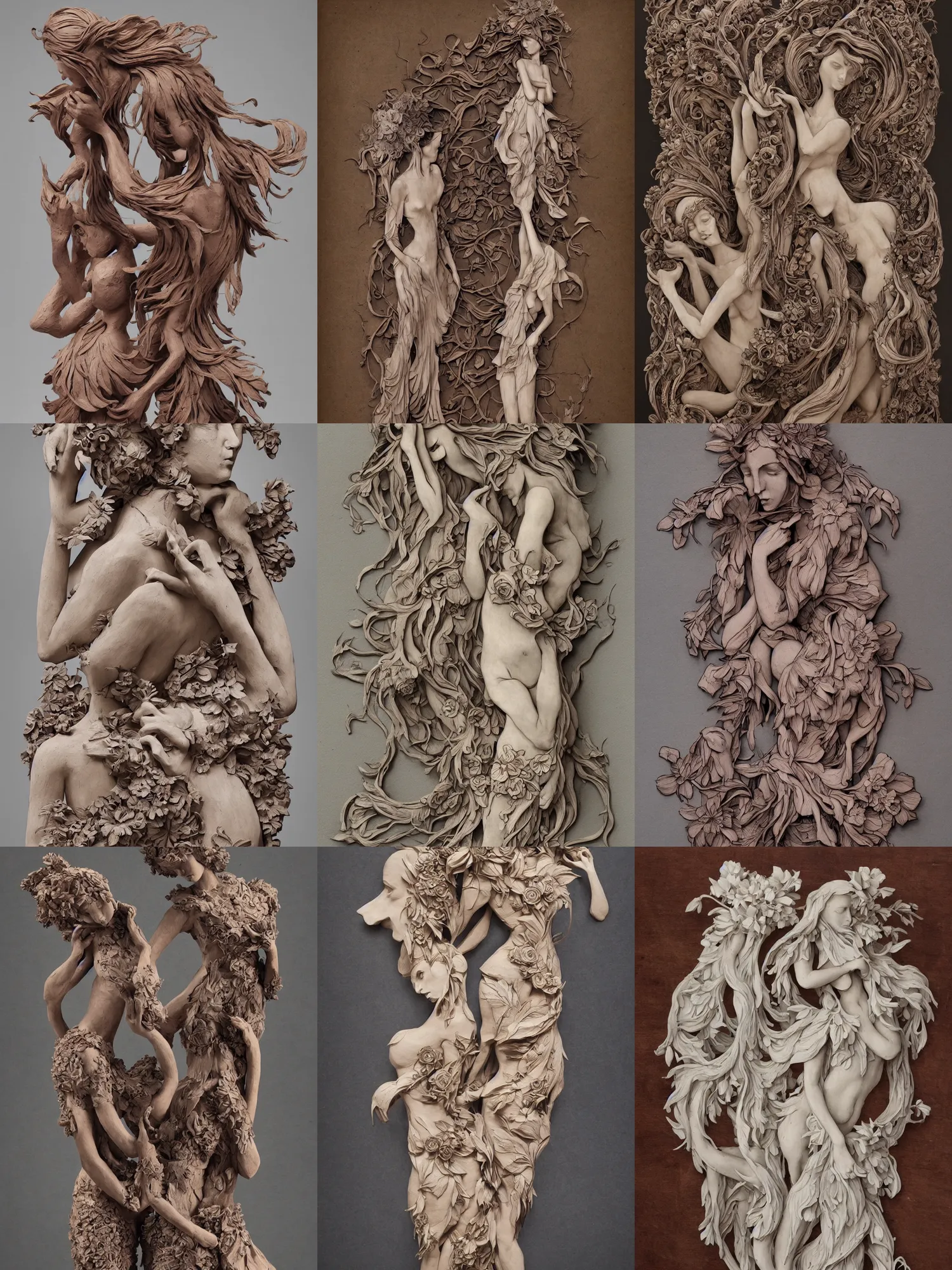 Image similar to wooden craft. rough clay. richly detailed color illustration. art nouveau. flowers. contemporary sculpture. female figure. low details. beth cavener. GIUSEPPE ARMANI. valerie hadida.