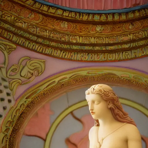 Image similar to close - up of a girl in a temple, film still by wes anderson, depicted by canova, limited color palette, very intricate, art nouveau, highly detailed, lights by hopper, soft pastel colors, minimalist