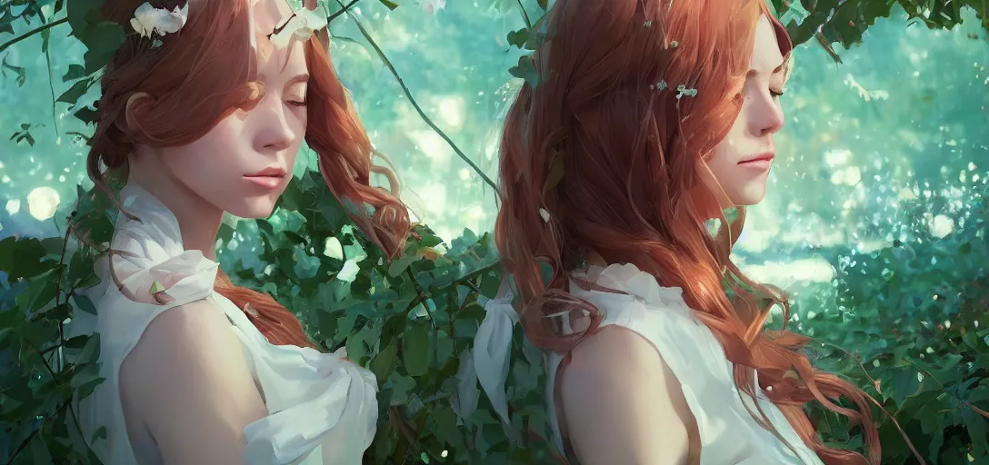 Image similar to a beautiful southern woman named Savannah, innocent, somber turquoise eyes, freckles, long ginger hair tied with white ribbon, sad under a wisteria plant, gentle lighting, storm in the distance, simple dress, digital art by Makoto Shinkai ilya kuvshinov and Wojtek Fus, digital art, concept art,