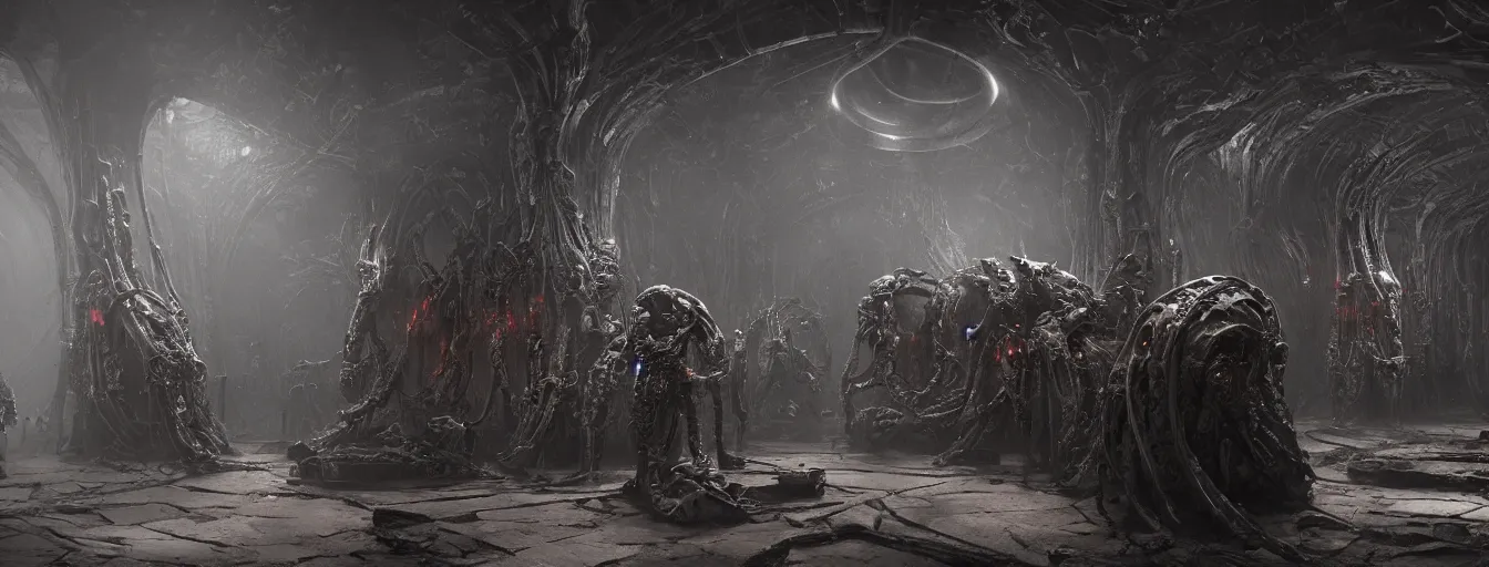 Image similar to scorn themed dark sci - fi biomechanical space ship interior, inside the torture chamber, undead alien guard figures, ethereal, ominous, dramatic cinematic lighting, volumetric 8 k, cryengine, by greg rutkowski, h. r. giger and zdizslaw beksinski, elden ring