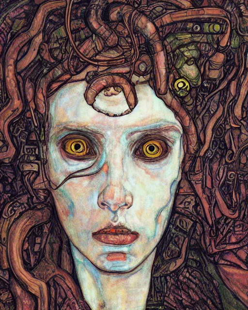 Image similar to portrait of cyberpunk medusa by egon schiele in the style of greg rutkowski