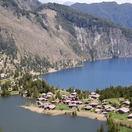 Prompt: a photo of a 1500 village close to a lake