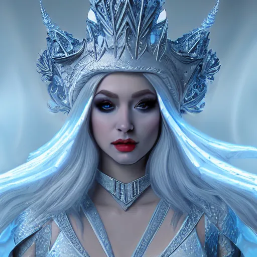 Image similar to beautiful ice queen in ornate robes, highly detailed, 8 k, hdr, award - winning, trending on artstation, clayton crain