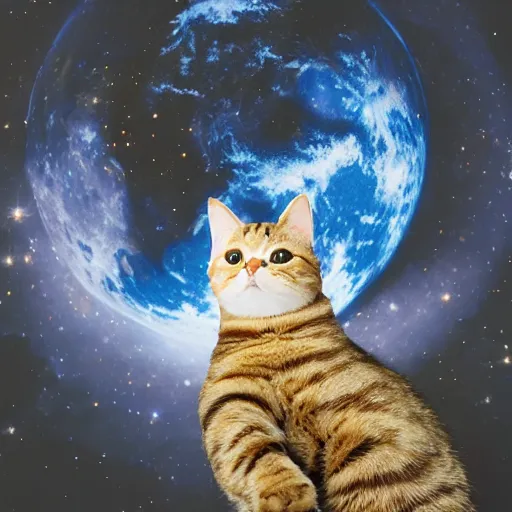 Prompt: professional cat astronaut on the moon sigma 1 4 mm f / 1. 8 the earth is seen in the background surrounded by an asteroid belt made of cat toys