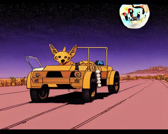 Image similar to a study of cell shaded cartoon of a mechanical coyote on a desert road, in front of a big moon illustration, wide shot, subtle colors, post grunge, concept art by josan gonzales and wlop, david rubin, mike mignola, laurie greasley, highly detailed, sharp focus, trending on artstation, hq, deviantart, art by artgem