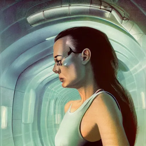 Prompt: detailed face of a woman, clockwork, moment, tectonic sky, skydome, bullet train, turbines, utopian, tech noir, wet reflections, prism, atmospheric, ambient, pj crook, syd mead, livia prima, greg rutkowski, emma uber, edward hopper