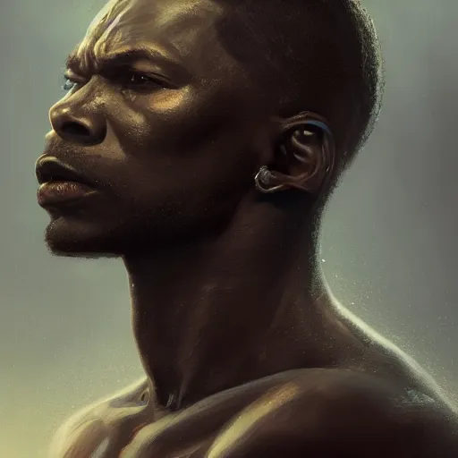 Prompt: portrait of a strong tall angry rogue black man. Epic fantasy. beautiful. hyperrealism symetric face cinematic top lighting, insanely detailed and intricate, face by wlop, Charlie Bowater, golden ratio, symmetric, elegant, ornate, luxury, elite, matte painting, cinematic, trending on artstation, deviantart and cgsociety, 8k, high resolution