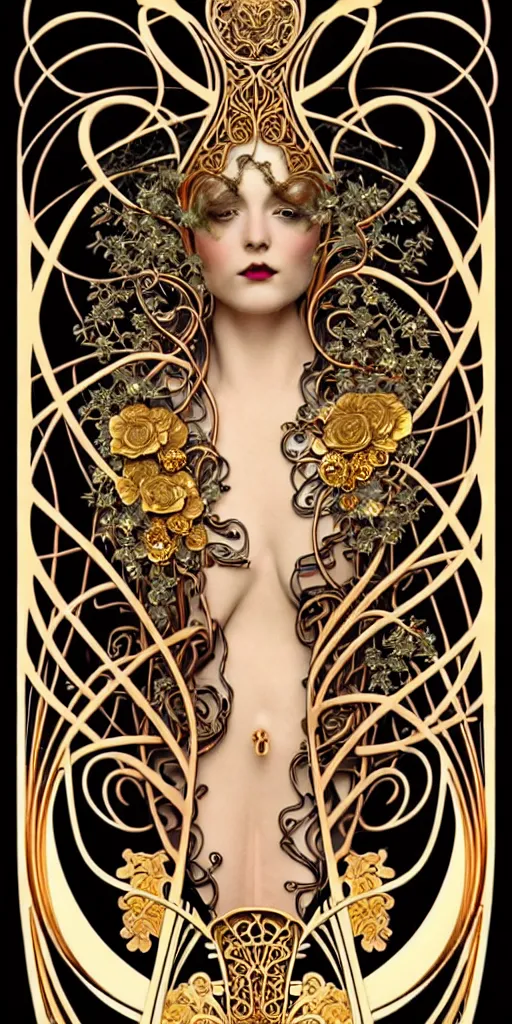 Image similar to the source of future growth dramatic, elaborate emotive Art Nouveau styles to emphasise beauty as a transcendental, seamless pattern, symmetrical, large motifs, hyper realistic, 8k image, 3D, supersharp, Art nouveau 3D curves and swirls, copper and Gold pipes, silk ribbons and golden chains, swarovski crystals, iridescent and black and shiny gold colors , perfect symmetry, iridescent, High Definition, sci-fi, Octane render in Maya and Houdini, light, shadows, reflections, photorealistic, masterpiece, smooth gradients, no blur, sharp focus, photorealistic, insanely detailed and intricate, cinematic lighting, Octane render, epic scene, 8K