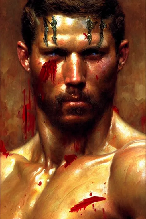 Prompt: Gladiator, blood, sweat, muscular, detailed face, correct face, painting by Gaston Bussiere, Craig Mullins