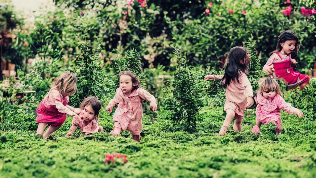 Prompt: a photo with amaro filter of 3 children playing in the garden.