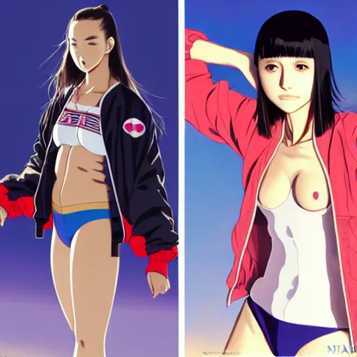 Image similar to a beautiful japanese natalie portman gravure model, wearing oversized native designer bomber jacket and leotard, bulky poofy bomber jacket with mesoamerican patterns, mesoamerican native street fashion, gapmoe yandere grimdark, trending on pixiv fanbox, painted by greg rutkowski makoto shinkai takashi takeuchi studio ghibli, akihiko yoshida