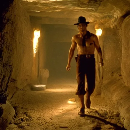 Image similar to film still of Joseph Gordon Levitt as Indiana Jones, walking through an Egyptian tomb in temple of doom film, 4k