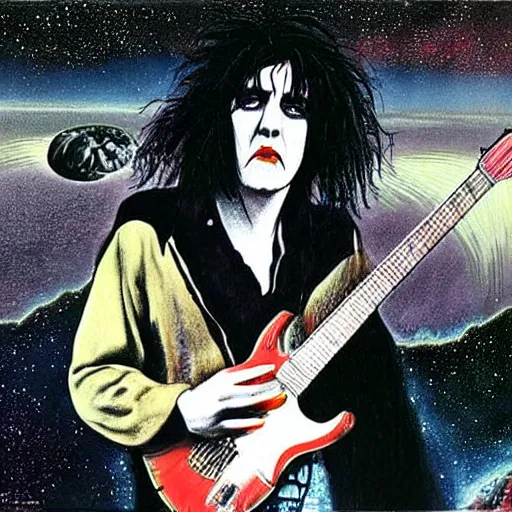 Image similar to robert smith as an alien, illustrated matte painting of a progressive rock album cover, 1 9 7 0 s
