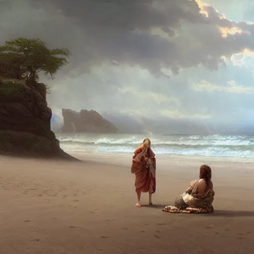 Image similar to a highly detailed render of a large cross standing on the beach as a storm comes in with the tide, woman sitting in the sand watching the ocean, epic fantasy, god rays, aerial photography, unreal engine, volumetric lighting, octane render, exquisite detail, 8 k, art by albert bierstadt and greg rutkowski and thomas moran and alphonse mucha