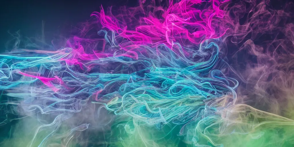 Prompt: dimly lit muted multi-color smoke (blues, greens), muted neon smoke, smoke reminiscent of vague outline of fierce flying dragons with large outstretched wings, over a large city park, photographic, stunning, inspiring, super high energy, swift, fast, fleeting, 8K, 4K, UE5