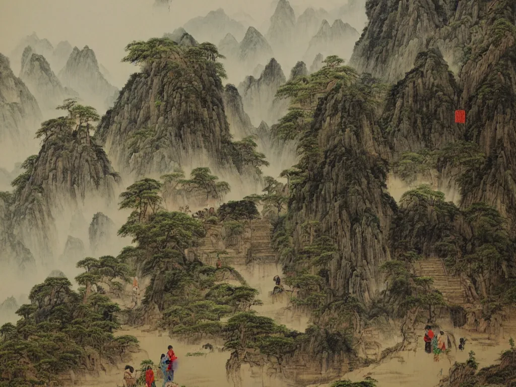 Image similar to landscape painting by shenzhou 沈 周, mountains, karst, waterfalls, peasants working, farm animals, ox, long stairs through the hills, ponds