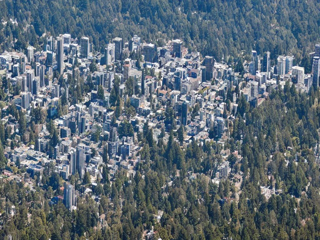 Image similar to bird's eye view photo of a metropolis highrise city, redwood forest to the south