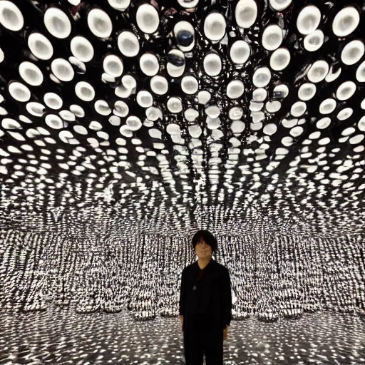 Image similar to photo, a man wearing a shiny chrome polygonal costume standing inside a yayoi kusama infinity mirror room