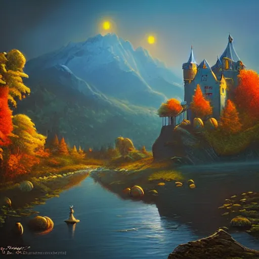 Prompt: Evil castle by Evgeny Lushpin,Rodger dean,background mountains,autumn,halloween