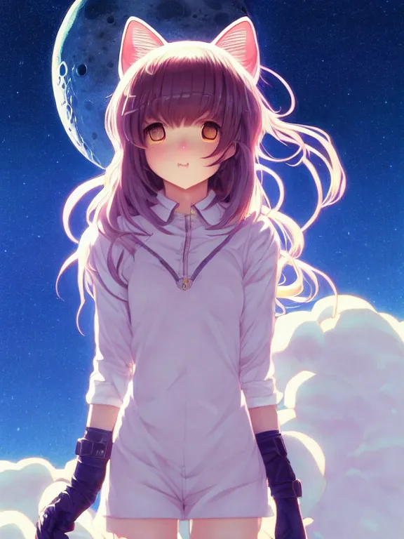 Image similar to full body picture of a cat ear girl on the moon, bored, beautiful and aesthetic, intricate, unreal engine, neat hair, highly detailed, detailed face, smooth, sharp focus, chiaroscuro, manga illustration, artgerm, greg rutkowski, ilya kuvshinov, rossdraws, alphonse mucha, young adult light novel cover art