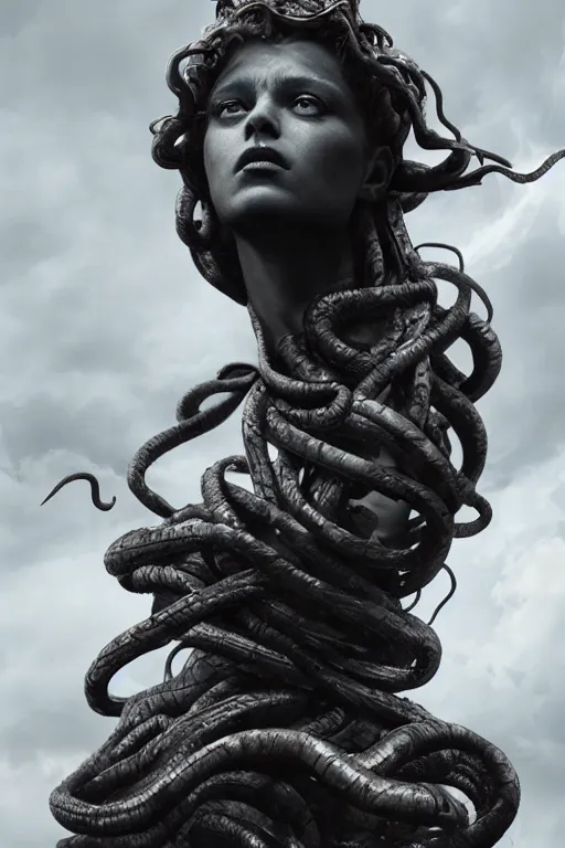 Prompt: A portrait of medusa as a black marble statue with white streaks by Greg Rutkowski, Sung Choi, Mitchell Mohrhauser, Maciej Kuciara, Johnson Ting, Maxim Verehin, Peter Konig, Bloodborne , 8k photorealistic, cinematic lighting, HD, high details, dramatic, atmospheric , trending on artstation