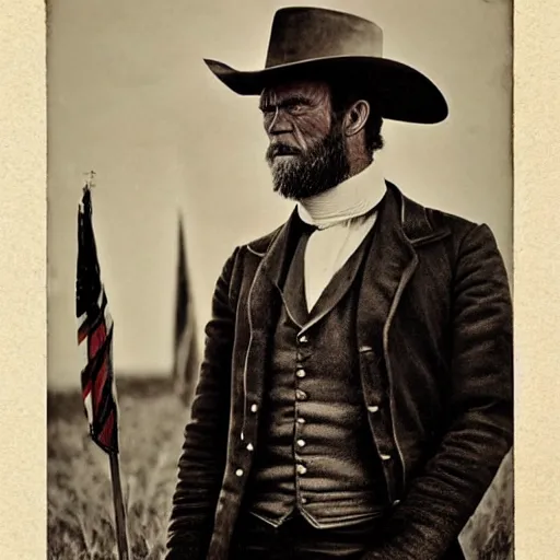 Prompt: an 1 8 0 0 s photo of donald tusk, squinting at high noon, style of a clint eastwood movie, the good, the bad and the ugly, vibe, glory days, justice, american flag, independence, patriotism, black and white, artgerm