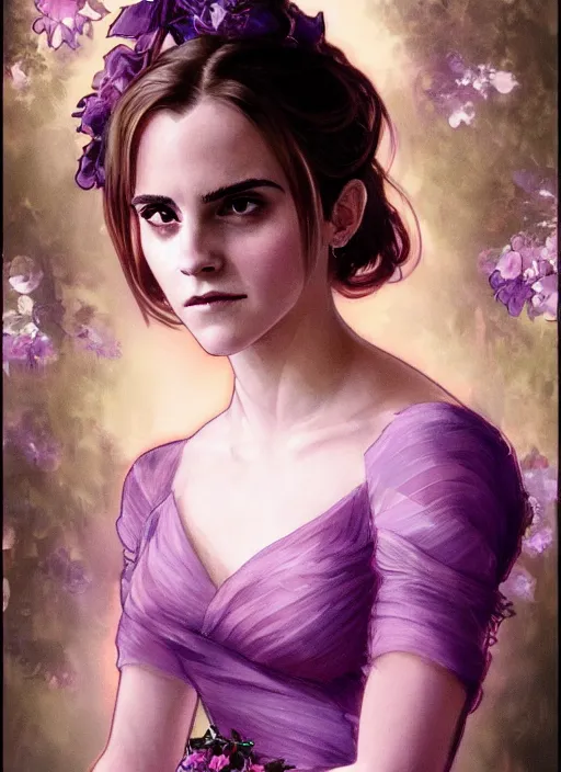 Image similar to emma watson at the yule ball wearing revealing elegant pink and purple dress with flounces. beautiful detailed face. by artgerm and greg rutkowski and alphonse mucha
