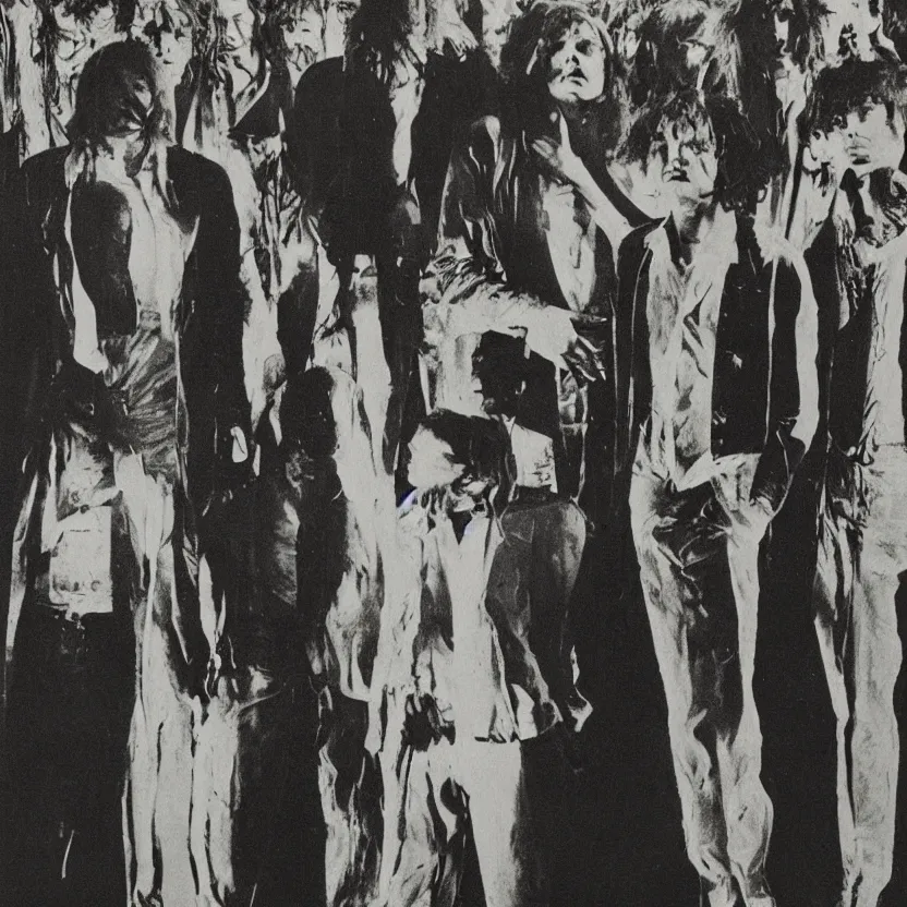 Prompt: a few men standing next to each other in a dark room, an album cover by Syd Barrett, pinterest, mannerism, antichrist, top lighting, 1970s