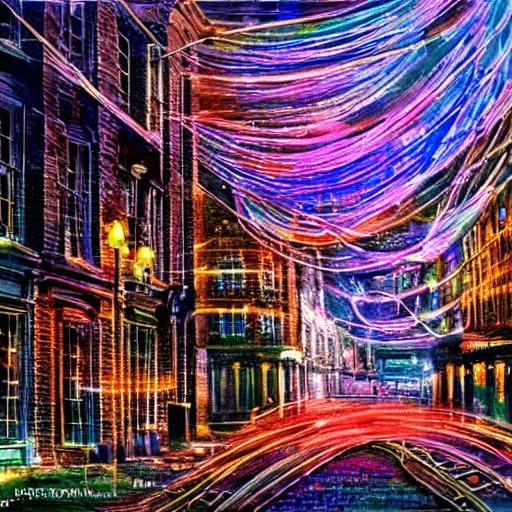 Prompt: a new artistic style that is a mix of impressionism and surrealism uses wires and light beams to portray a london street.