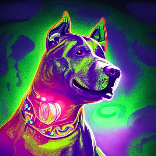 Prompt: psychedelic pit bull magic, at gentle dawn neon light, highly detailed, artistic composition, sharp focus, intricate concept art, digital painting, colorful flat surreal design, hd, 8 k, artstation, ambient lighting