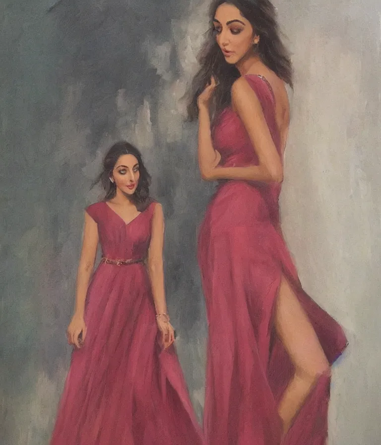 Prompt: Kiara Advani in V-neck minidress. history painting, dusk, flowy dress, artstation, oil on canvas, by Albert Aublet, Private Collection