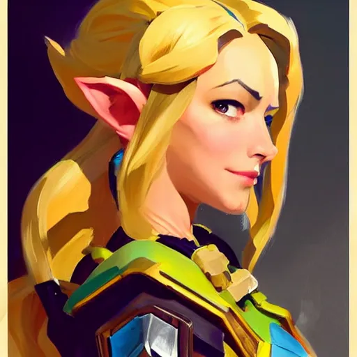 Image similar to greg manchess portrait painting of zelda as overwatch character, medium shot, asymmetrical, profile picture, organic painting, sunny day, matte painting, bold shapes, hard edges, street art, trending on artstation, by huang guangjian and gil elvgren and sachin teng