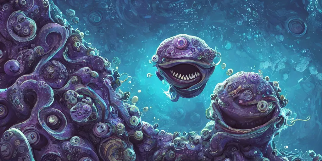 Image similar to of an intricate deep sea with strange cute friendly happy creatures with huge eyes, mouth, long tongue, round teeth and goofy face, appearing from the background, in the style of gehry and gaudi, macro lens, shallow depth of field, ultra detailed, digital painting, trending artstation, concept art, illustration, cinematic lighting, photorealism, epic, octane render