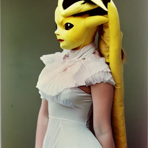 Image similar to elegant woman in a cosplay costume of pikachu, art photo by Annie Liebovitz and David Hamilton and Alphonse Mucha