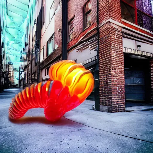 Image similar to a futuristic robotic gummi worm. dramatic product lighting. it's a gummi with extra juiciness. but it's also a worm. ick. trendy food truck in a moody alleyway. digital art, art film.