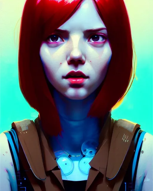 Image similar to cyberpunk synth, hyper - realistic detailed portrait of a happy girl, red hair, cinematic, by atey ghailan, by greg rutkowski, by greg tocchini, by james gilleard, by joe fenton, by kaethe butcher, 8 k, very intricate, dynamic lighting, gradient light blue, brown, blonde cream and white color scheme, sharp focus, grunge aesthetic